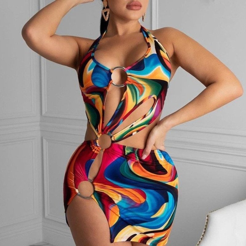 Adogirl Summer Hollow Out Halter Dress Sexy Backless Women Multicolor Evening Party Club Beach Wear Skinny Mini Dresses Vestido